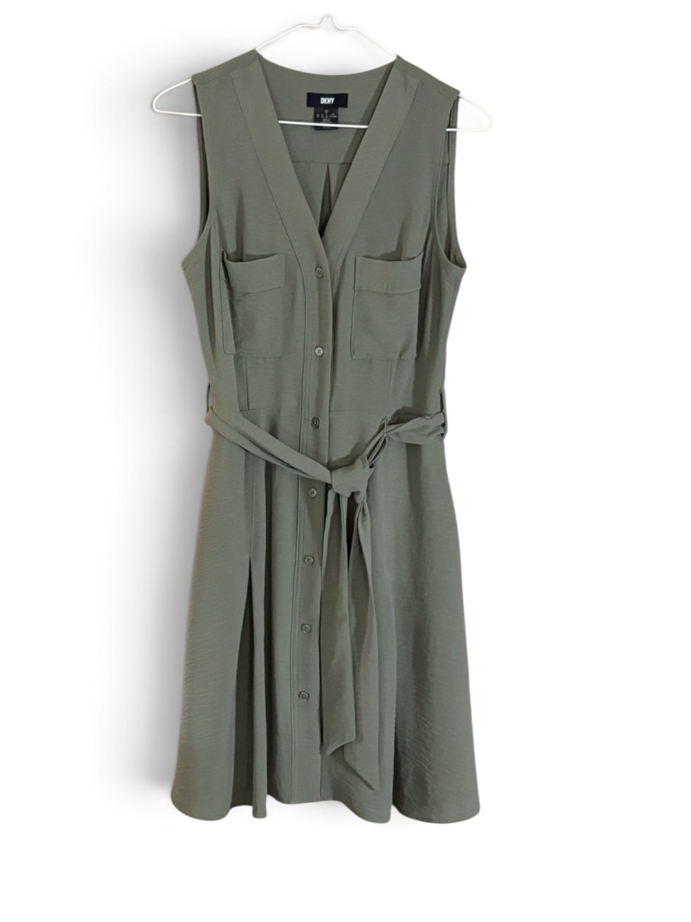 DKNY Olive Green Sleeveless Button-Front Midi Dress with Self Tie